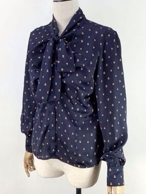 Vintage Naracamicie Navy Button Down Blouse With Scarf French Parisian Medium